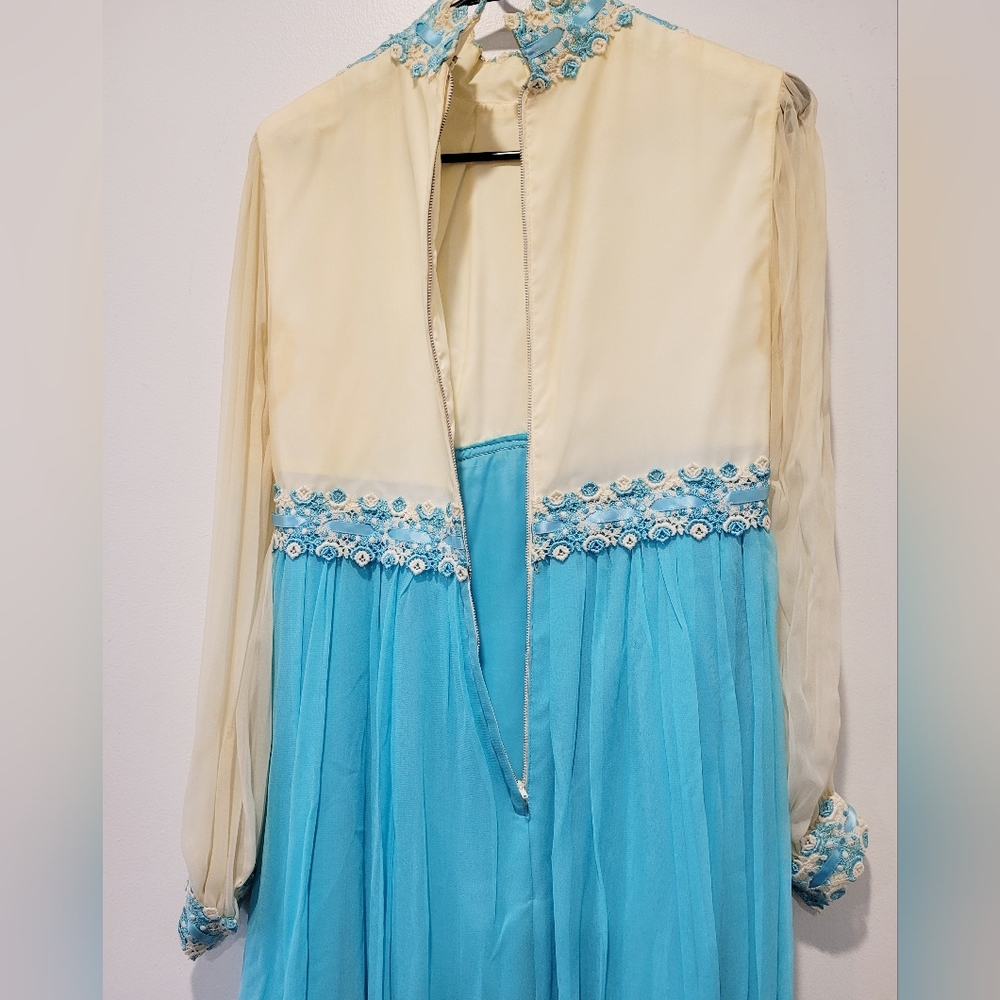 Vintage 1970s blue and ivory tulle embroidered floral maxi dress gown - Picture 9 of 14